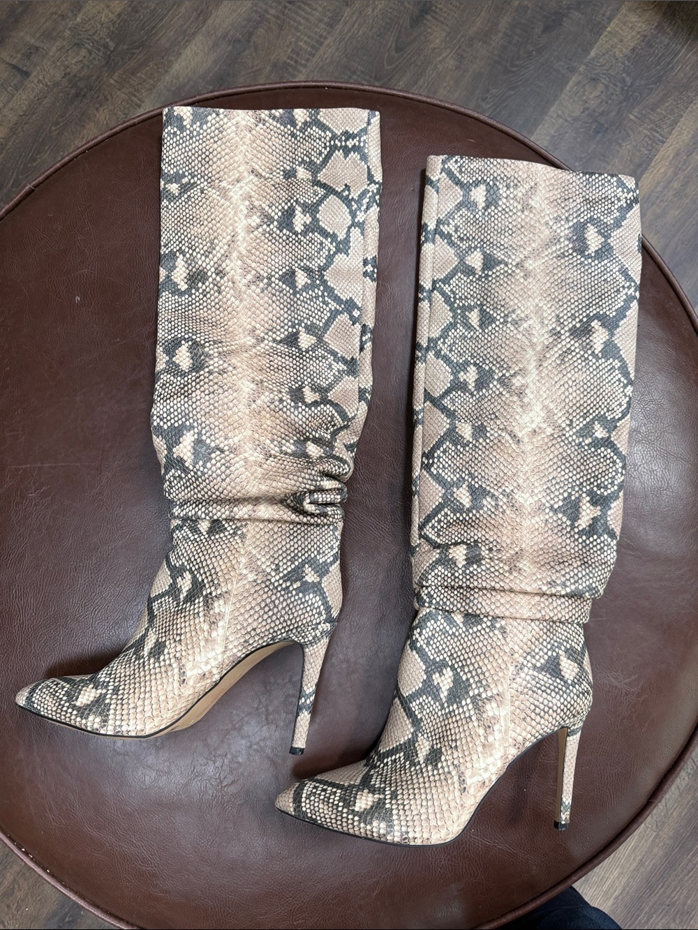 Snake-Print Knee-High Stiletto Boots in Beige
